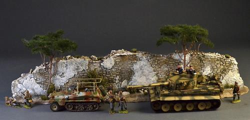 Old stone wall with majestic Pinja trees